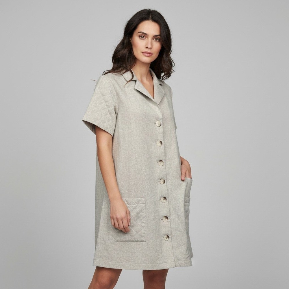 Tuckernuck Oatmeal Quilted Pocket Short Sleeve Button Front Mini Dress Medium